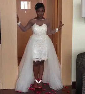 Gaun Pernikahan Lengan Panjang Kain Tule, Gaun Kerah Terbuka Afrika Selatan Tembus Cahaya untuk Pernikahan