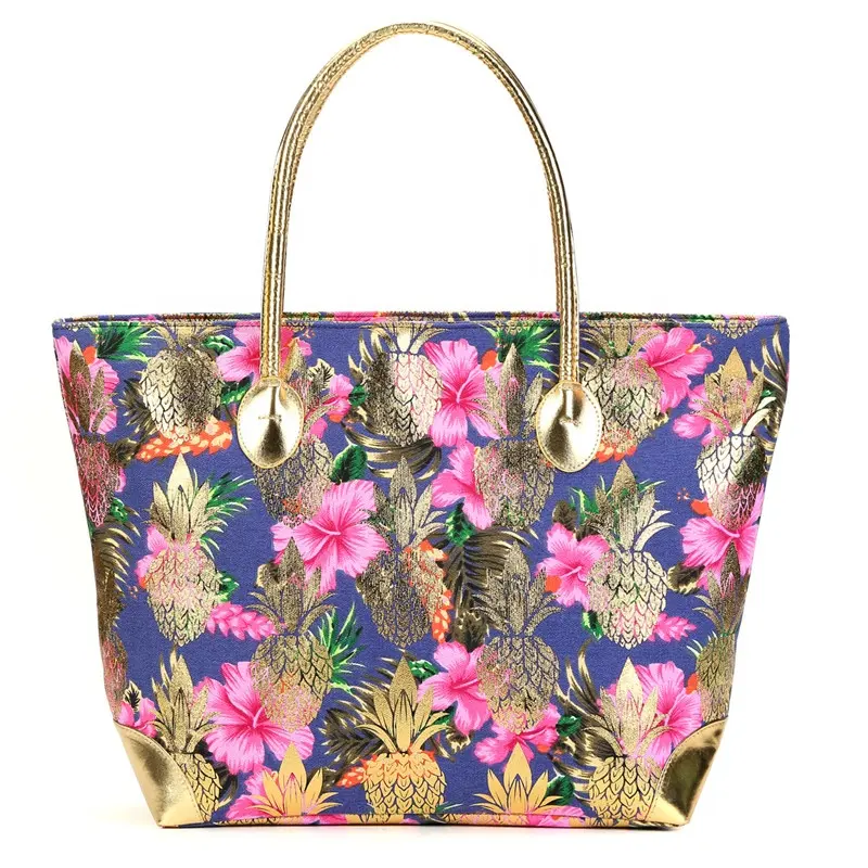 Wholesale Gold Metallic Pineapple Canvas Beach Bag With Leather Handles