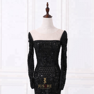 Negro de lujo pesado <span class=keywords><strong>trabajo</strong></span> hecho a mano con cuentas de encaje de manga larga vestidos de noche vestido de fiesta - Product Image 4