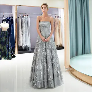 Silver Sequins Strapless A Line 2019 Long Women's Party Dresses Special Occasion Dresses Fashion Elegant Lady Prom Gowns