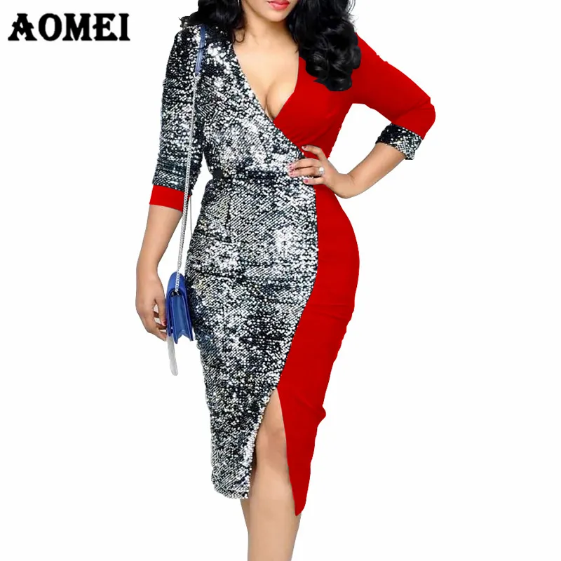 Polyester Patchwork Three Quarter Sleeve Sequined Women Cocktail Dress