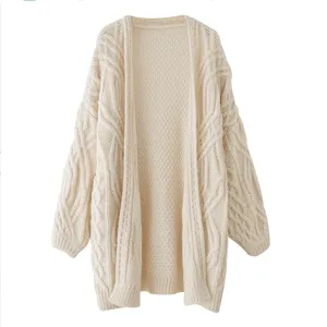 P18B068CH Len Cashmere Màu Rắn Khăn Lau Bụi Chunky Cáp Đan Phụ Nữ Áo Khoác Dài Tay Áo Cardigan Áo Len Mà Không Có Túi