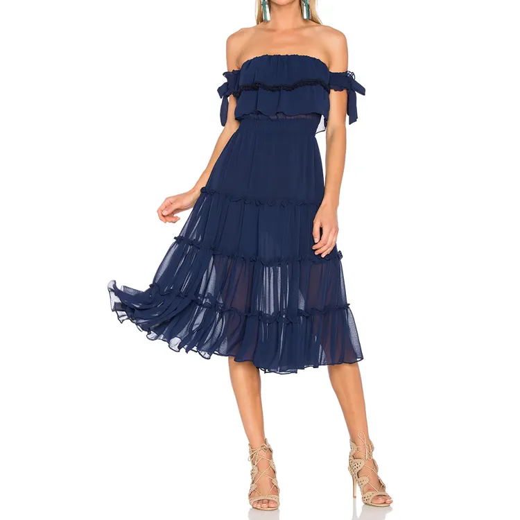 Ladies off-the-shoulder dress pleated waisted girl casual blue dress