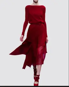 Thời Trang Phụ Nữ Nóng Phong Cách Slash Cổ Dài Tay Áo Red Voan Váy Giản Dị