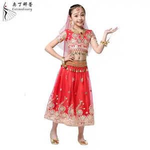 Çocuk hint sahne performansı el embroideredo Bollywood giysileri kızlar oryantal dans kostümü