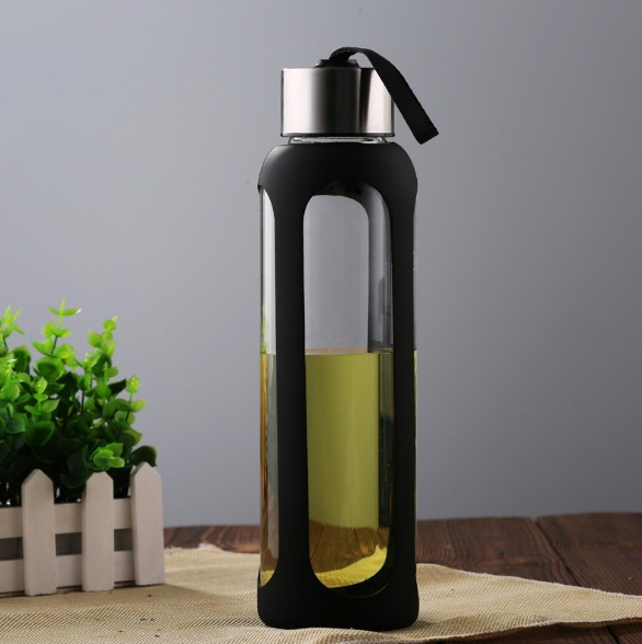 Classic Glass Water Bottle with Black Silicone Sleeve Stainless Steel Lid Water Bottle