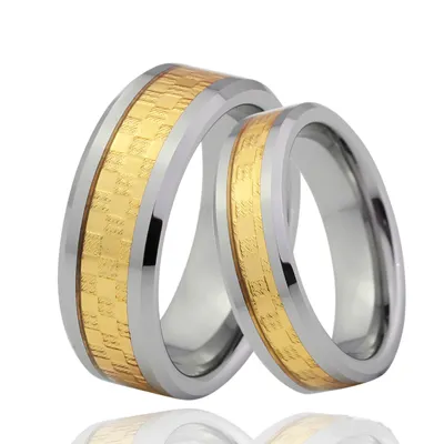 Beautiful Yellow Gold Carbon Fiber Inlay Tungsten Carbide Couple Wedding Pair Rings