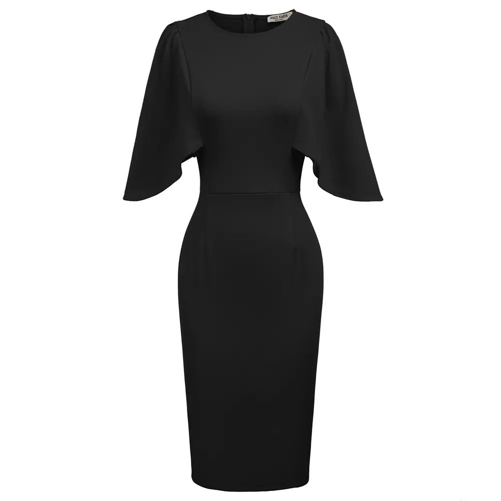Grace Karin Women's 3/4 Ruffle Sleeve Elegant Sexy Hips-wrapped Bodycon Solid Clothes Dresses