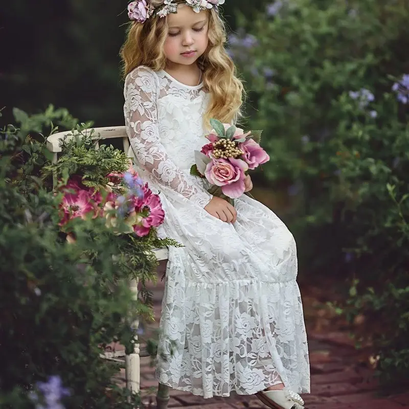 Großhandel Kinder weiß Kleid Hochzeit blume mädchen kleider Lange Ärmeln Spitze mädchen party kleider