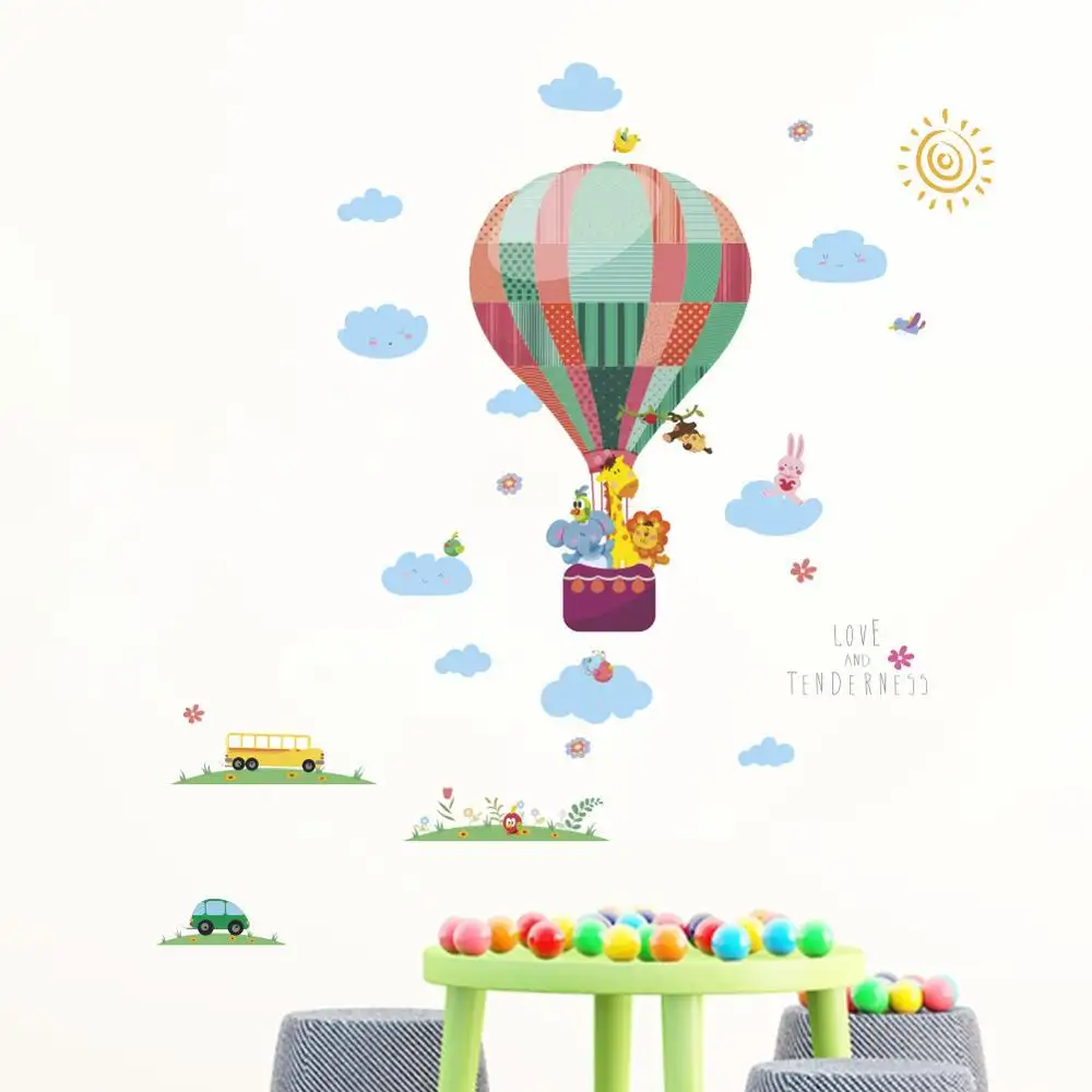 Children grassland hot air balloon small animal wall stickers kids room home Decor living room decoration