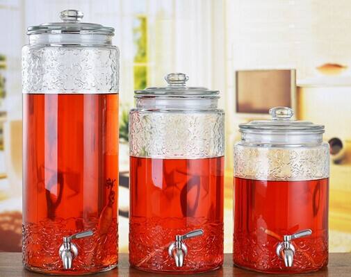 Wine beverage glass jar juice dispenser with glass lid and stainless steel faucet