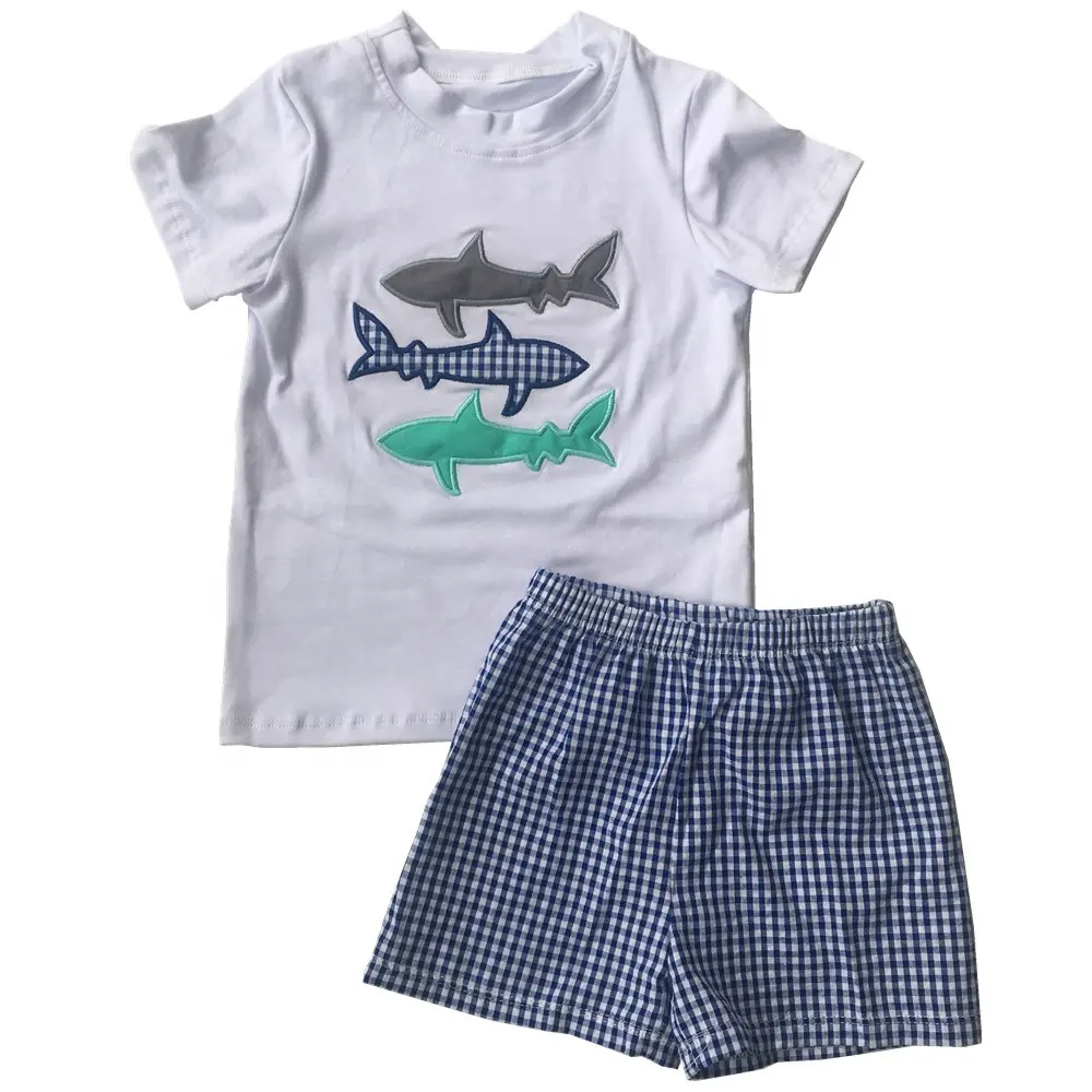 Одежда для маленьких мальчиков на весну и лето, Детские наряды из бутика, короткий комплект с вышивкой в виде акулы на присосках для маленьких мальчиков