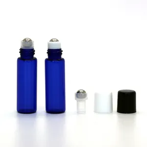 最新迷你bule玻璃滚筒瓶，带白色或黑色盖子，用于精油防晒香水油尺寸5毫升出售