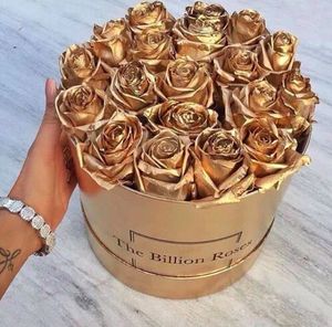Luxury custom gold color paper round flower box with hat for gold preserved flowers
