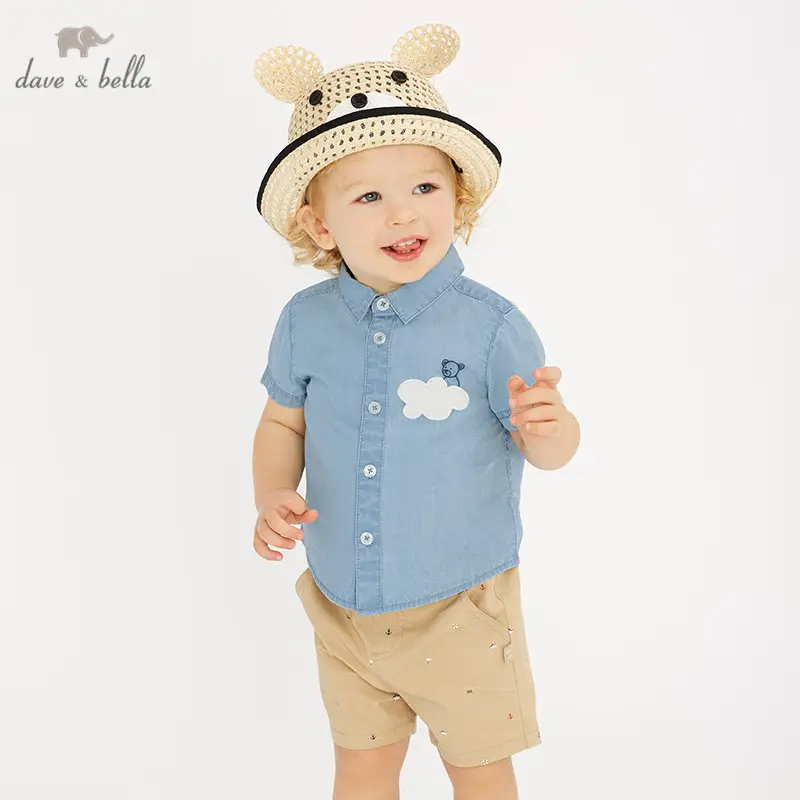 DBW10411 dave bella baby boys summer infant baby fashion blue shirt toddler top children high quality tees handsome clothes