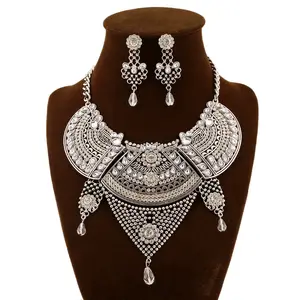 Gypsy Boho crystal rhinestone Ethnic Tribal Vintage silver Oxidized Necklace earrings Jewelry Set