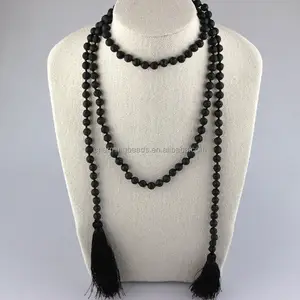 CH-LSN0122 Handmade men necklace,silk tassel stone beads necklace,natural stone black lava beads necklace jewelry for men