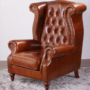 Vintage Houten Frame Tan Lederen Vleugel Fauteuil Getuft <span class=keywords><strong>Wingback</strong></span> Stoel Voor Woonkamer - Product Image 6
