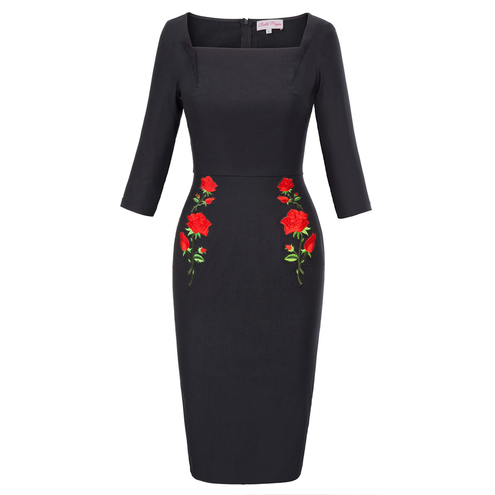 BP000530 - Vintage Pencil Dress with 3/4 Sleeve & Square Neck