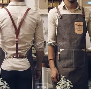 Coffee shop restaurant apron leather denim apron men and women leather strap apron customization plus logo