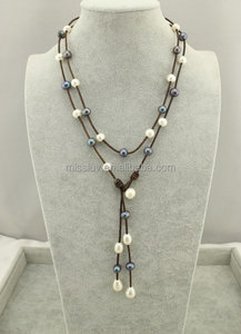 Collar de perlas de cuero de agua dulce, collar de perlas negras reales, collar de cordón de cuero de perla tahitiana Real