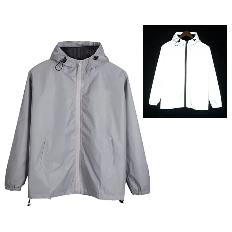 Custom Private Logo Outdoor Waterdichte Hooded Fashion Wind Breaker Lichtgewicht Reflecterende Glow Veiligheid Jas