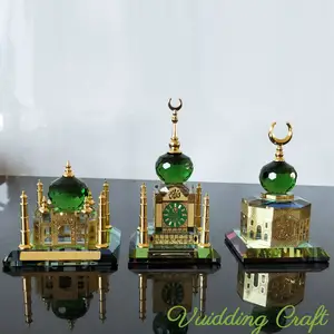 Gold Metal Plated Crystal Mosque Model With Dome For Home Decoration