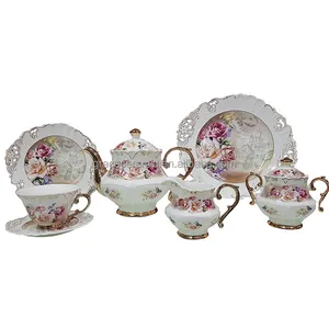 Wholesale vintage floral rose printed design 17pcs fine royal embossed classic porcelain tea set coffee set with gold line