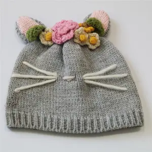 工厂 OEM 可爱的婴儿针织豆豆帽子与两只耳朵