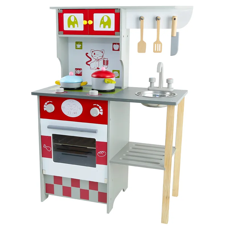 Nuevo diseño de gran juego cocina juguetes de simulación de cocina de estilo europeo, juguetes de cocina de madera de estufa de gas