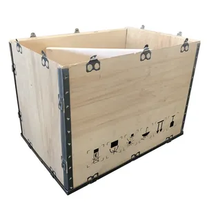 Foldable custom type S folding wooden crate box with steel strip
