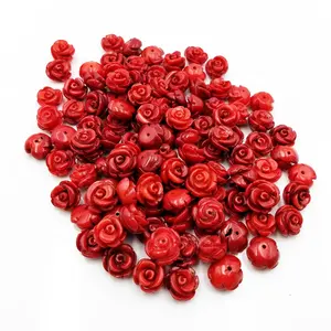 Hand Carved Red natural Bamboo Coral flower 8mm 10mm 12mm 14mm 16mm coral flower beads charms