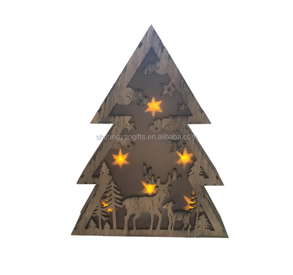 Wooden special color tree shaped christmas LED decoration xmas gifts for home LED light with reindeer on topdesk decorative