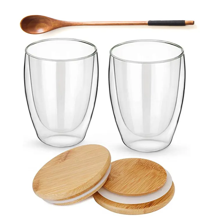 Großhandel doppelwandige Glas Tee tasse Set wieder verwendbare Glas Kaffeetassen, Glas becher mit Bambus deckel für Tee trinken