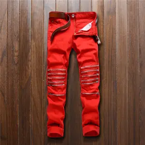 In-Stock Men Jeans Fashion TypeとPolyester Cotton Red Color Fabric Denim Pants Trousers