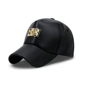 Пользовательские Регулируемая черная натуральная искусственная кожа шляпа бейсбольная Кепка с металлическим логотипом