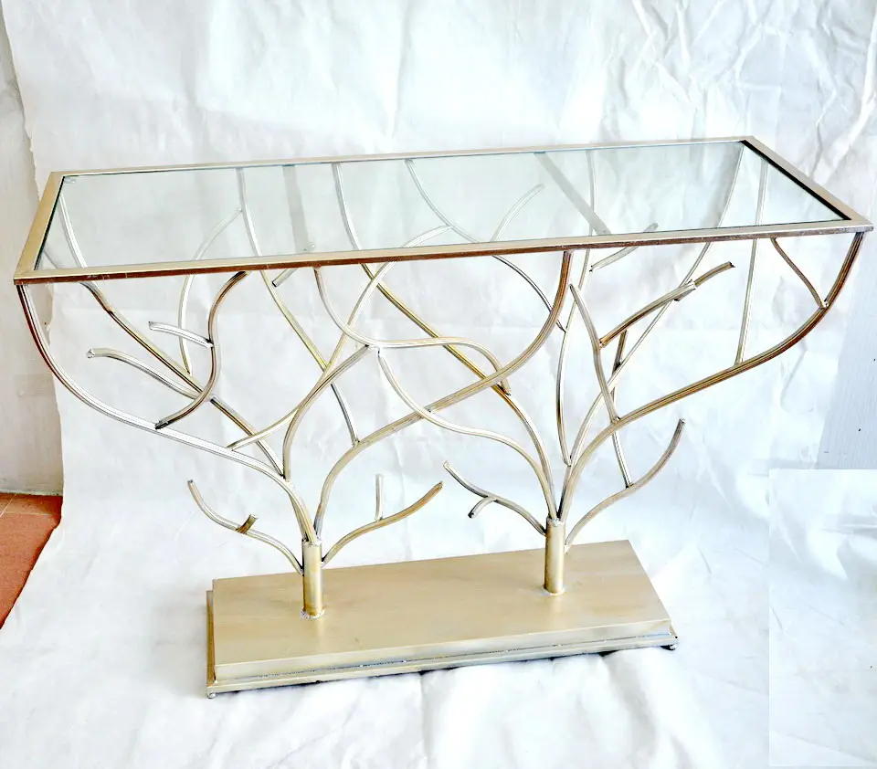 De metal antiguo de vidrio de hierro forjado oro mesa de consola con espejo