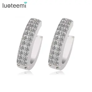 LUOTEEMI Women Cute 2 Rows Tiny Cubic Zircon Stones Pave on Half Circle Wholesale Small Hoop Earrings