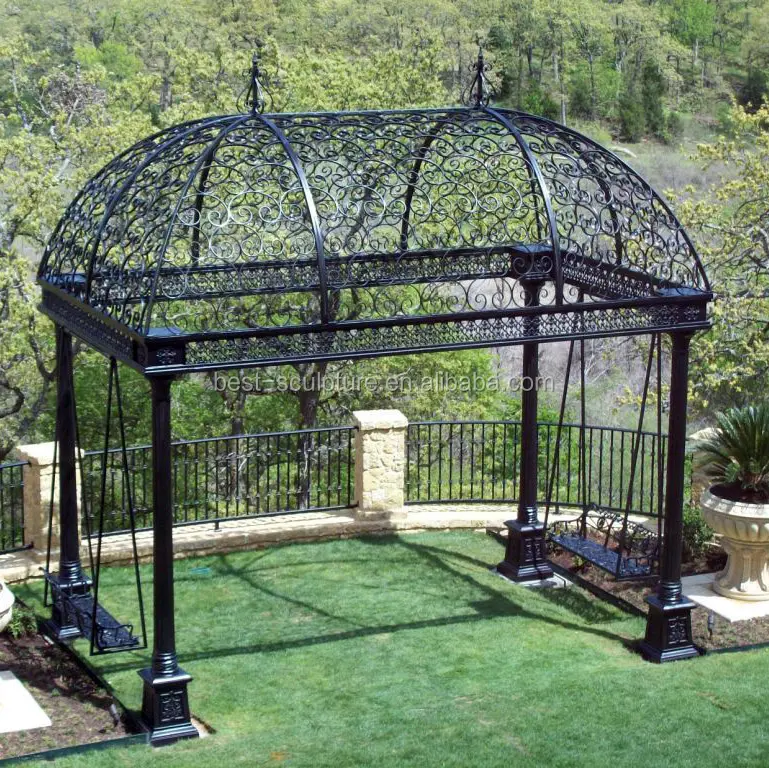 Ngoài Trời Trang Trí Wrought Sắt Pavilion Thuôn Dài Gazebo Với Đu