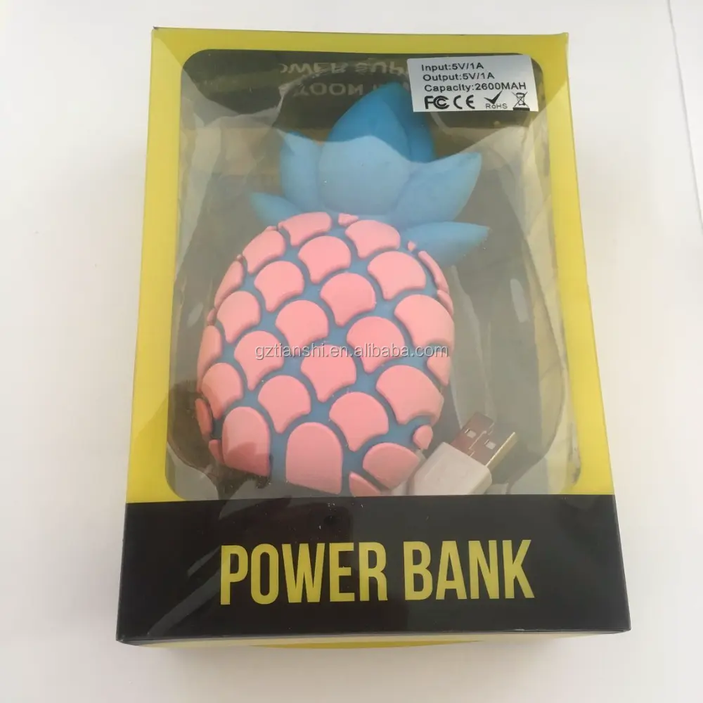 Banco de energía de piña rosa, 2600mah, con una salida USB para cargador de emergencia móvil