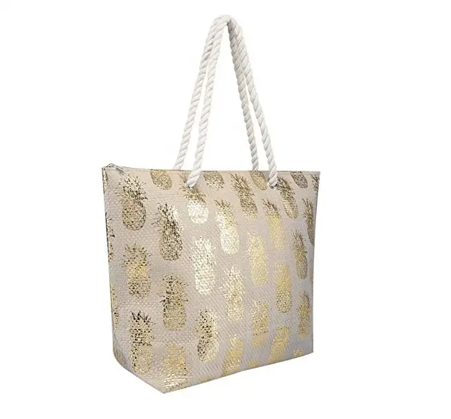 China Lieferant Damen Natur & Gold Print Stroh Strand tasche Großhandel Stroh Taschen Mit Seil Griffe
