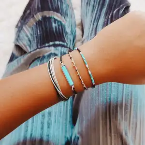 Pulseira de couro boho feminina, conjunto de pulseira feita à mão multicamadas