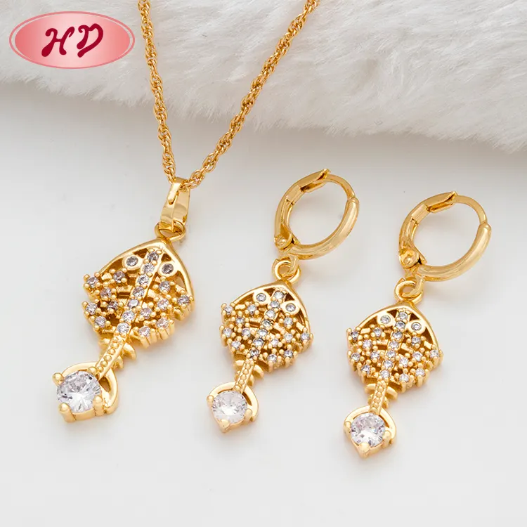 Fashion earring chain necklace set, women wedding chinese gold african jewelry set made with nice cubic zircon