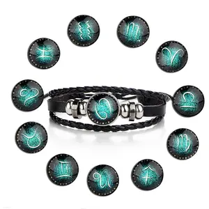 Bracelet zodiaque tressé en cuir noir, bracelet en cuir vierge/Gémeaux/Lion signe étoile lune et citrouille