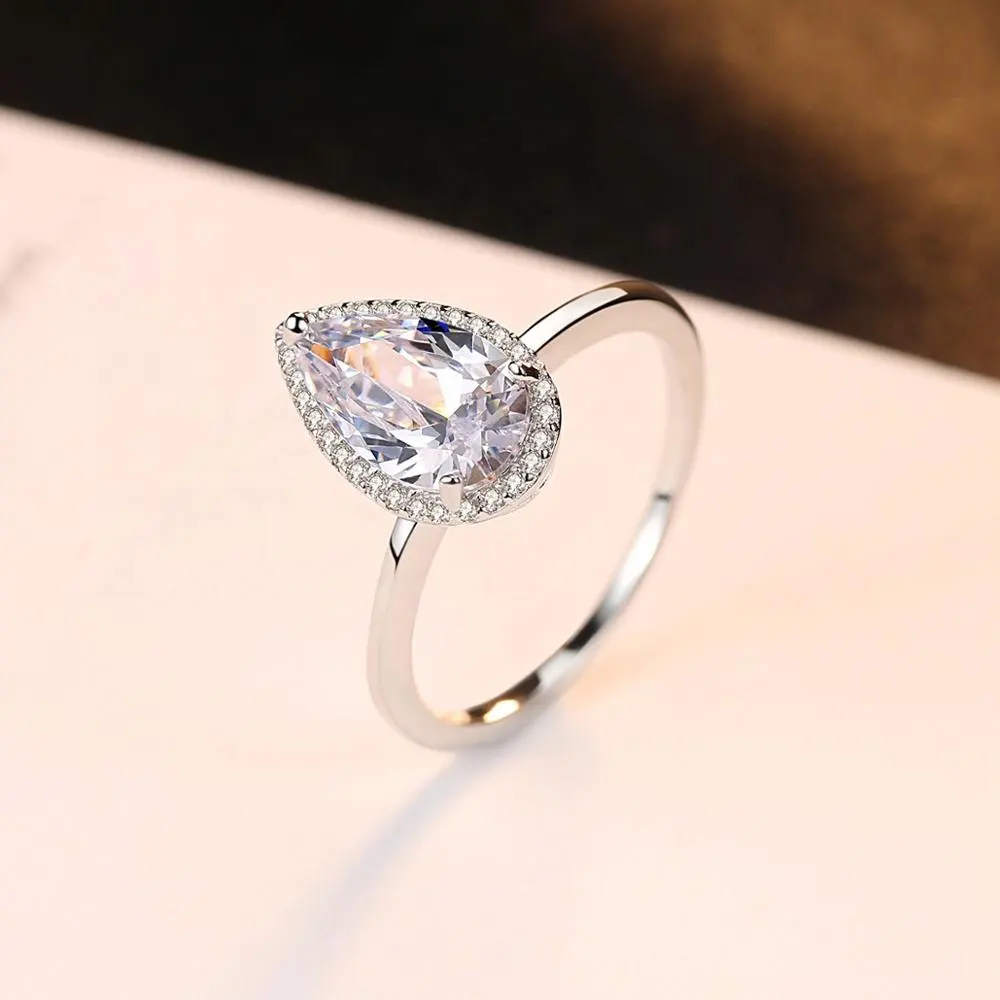 Silver Wedding Ring CZCITY Elegant Fashion New Luxury Single Waterdrop Shaped CZ Crystal Stone 925 Silver Wedding Ring Design