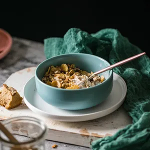 Perlengkapan Makan Rumah Keramik Bulat Biru, Mangkuk Sereal, Alat Makan Keramik Bulat