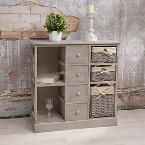 Shabby Chic Grey New Wicker Basket Sideboard Bar Cabinet