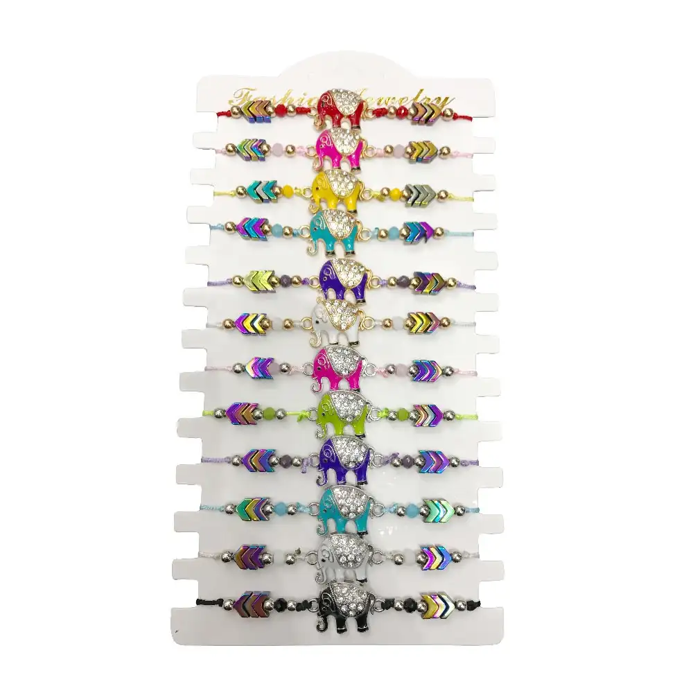 Pulseira colorida trançada, bracelete pulseira com pingente de elefante epóxi e cristal