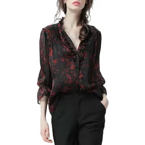 Top quality mature women tops long sleeve chiffon retro blouses
