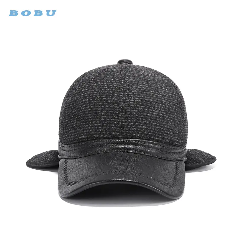 winter wool leather bill earmuffs baseball cap with ear muff earmuffs baseball hat